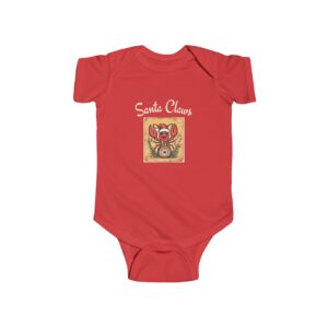Red baby onesie with a festive Santa Claus graphic on the front.