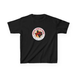 Black t-shirt with a colorful circular graphic on the back.