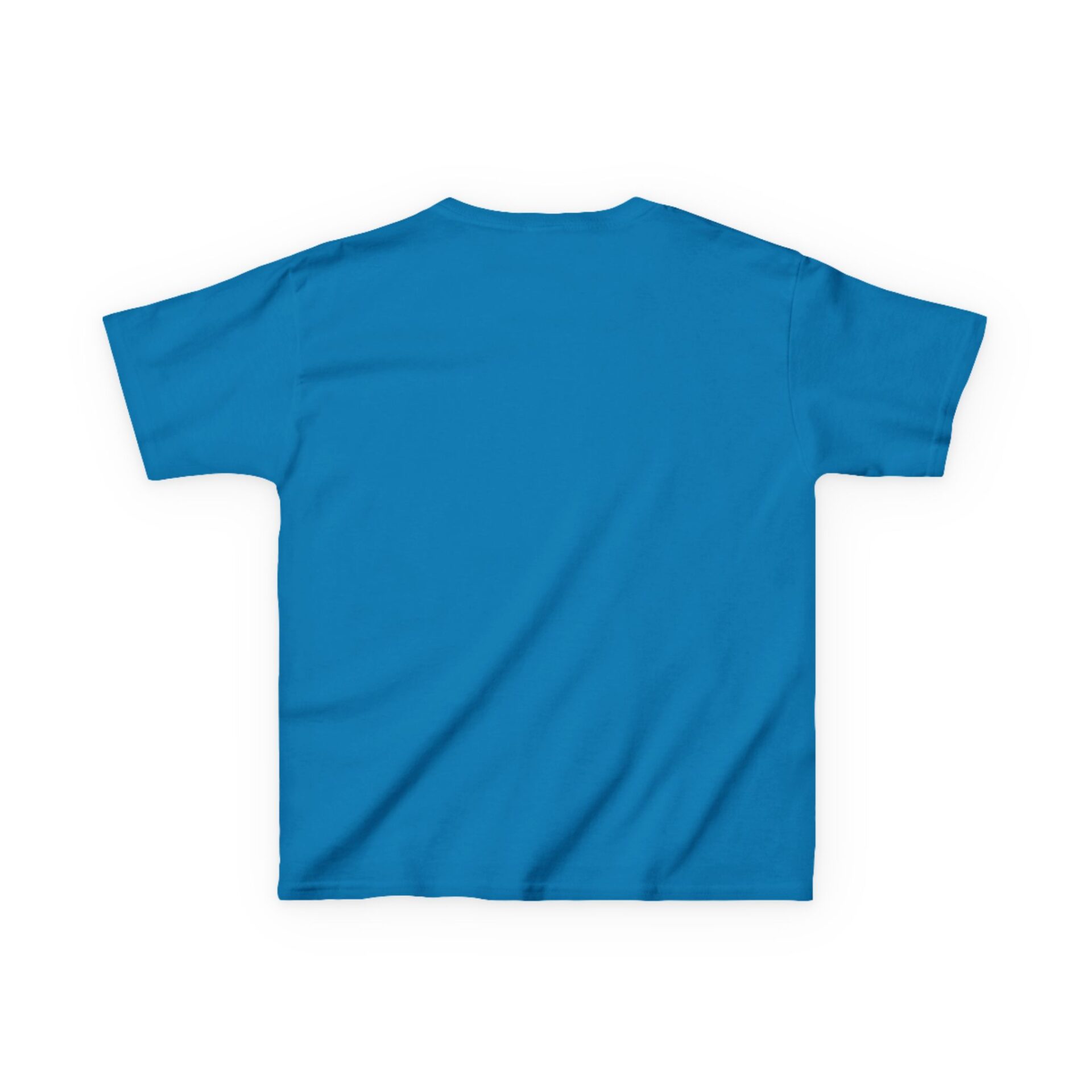 Plain blue T-shirt laid flat showing the back side.