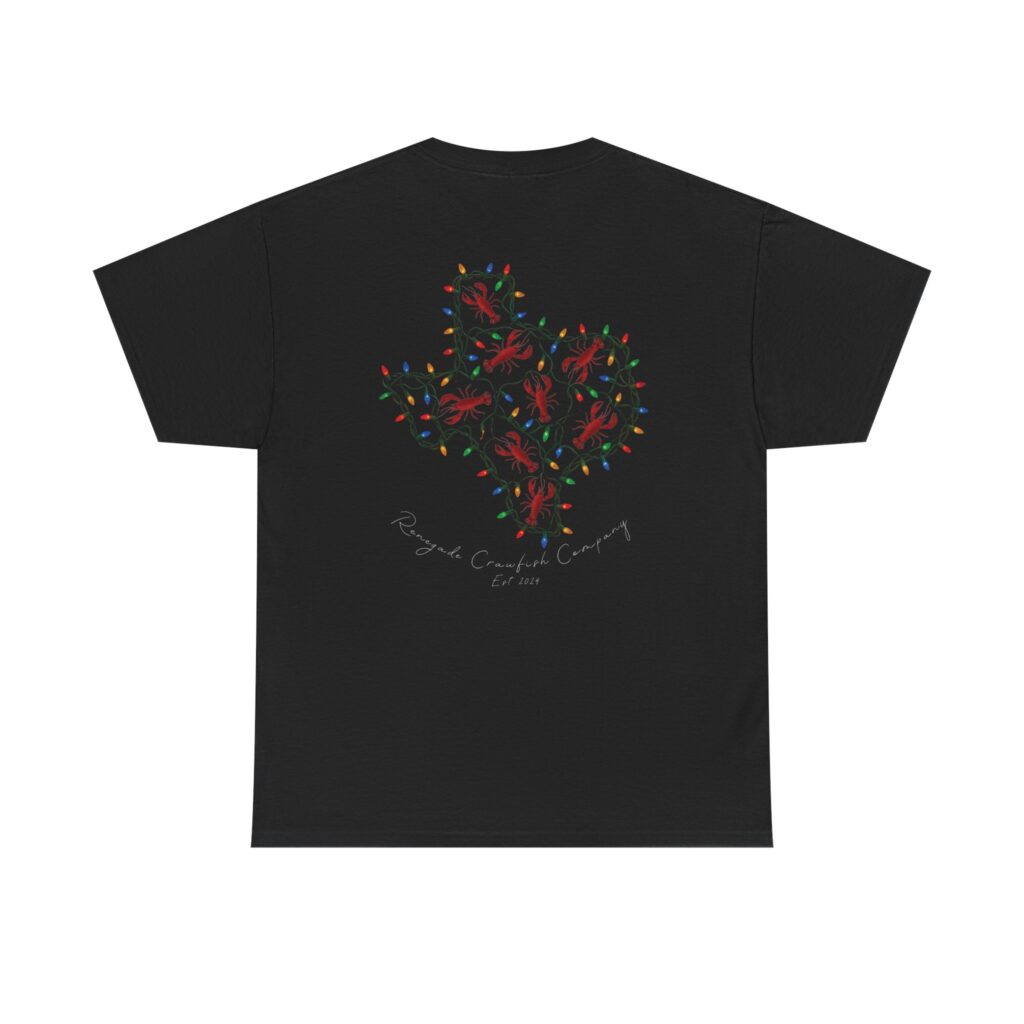 Black t-shirt with a red and green floral design on the back.