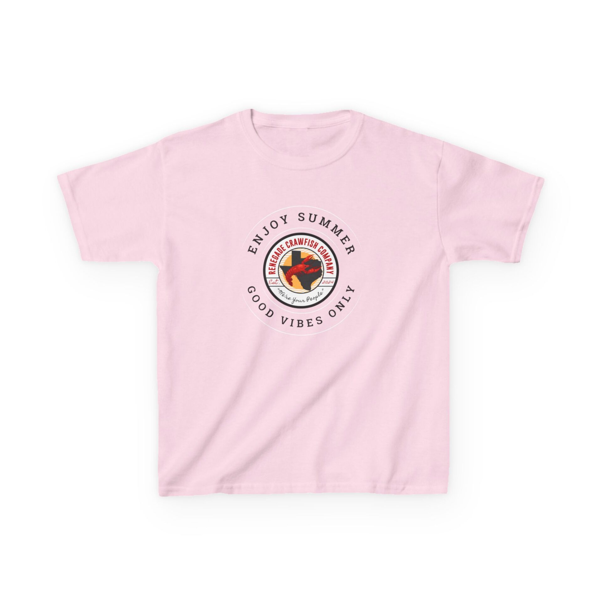 Pink T-shirt with a circular graphic and text on the back.