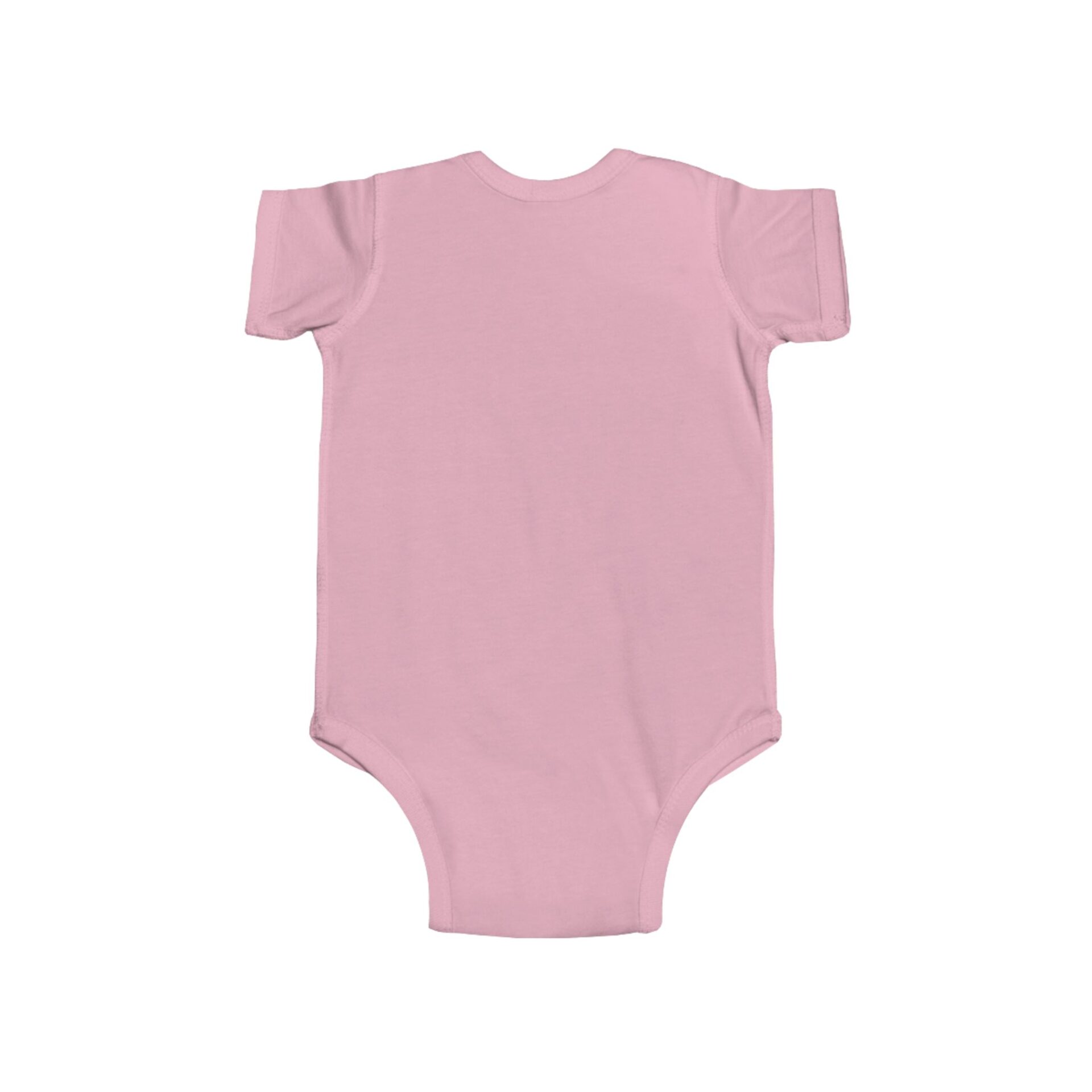 Soft pink baby onesie with short sleeves.