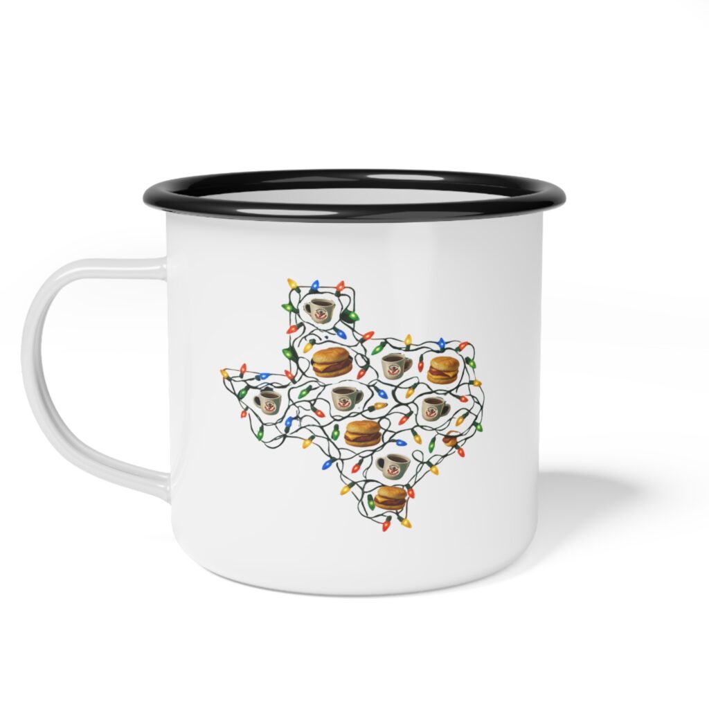White enamel mug with Texas-shaped coffee beans design.